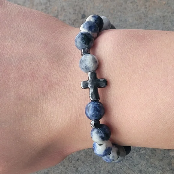 Agate Stone Bead Cross Prayer Bracelet - Picture 3 of 4
